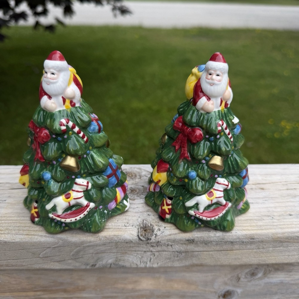 Vintage Christmas Tree Salt Pepper Shakers Santa Bird Rocking Horse Ceramic Pair